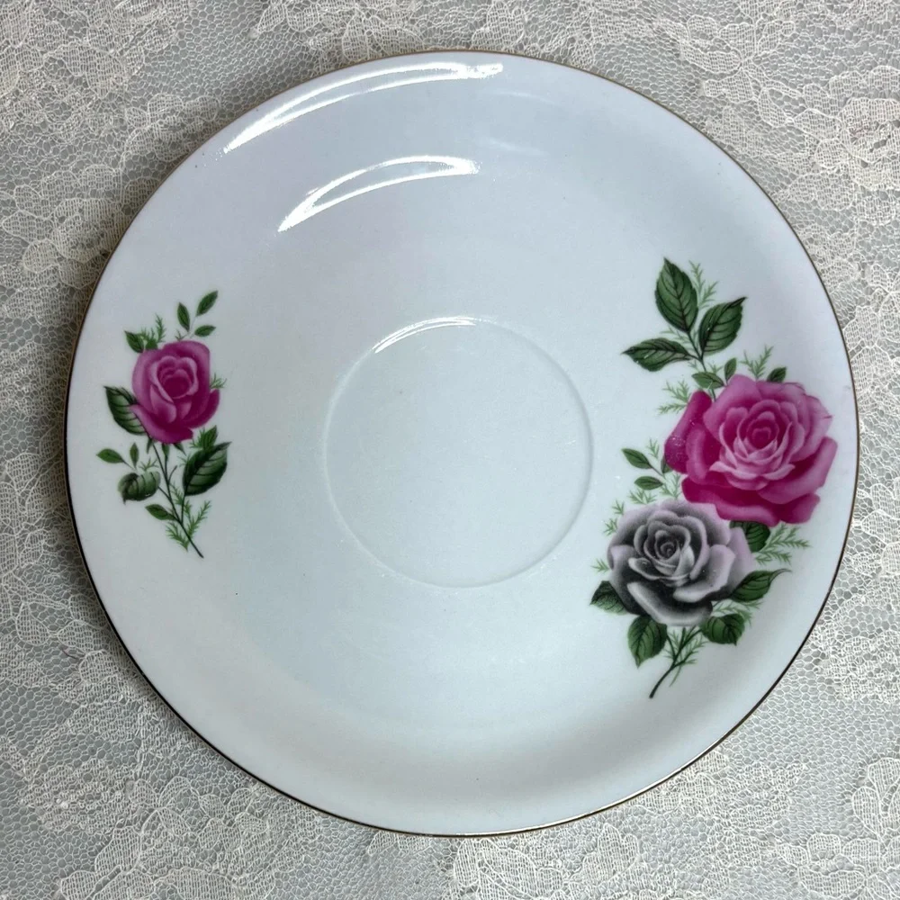 Vintage Tea Cup Victorian Roses Teacup Plate Set Elegant Dainty White Pink Gold